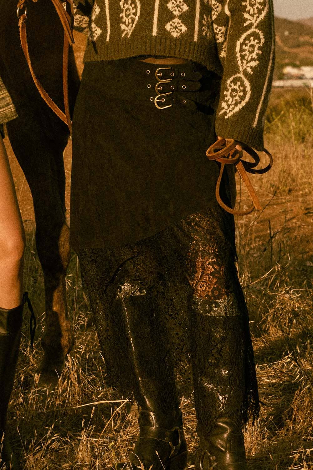 Faux Suede & Lace Buckle Skirt