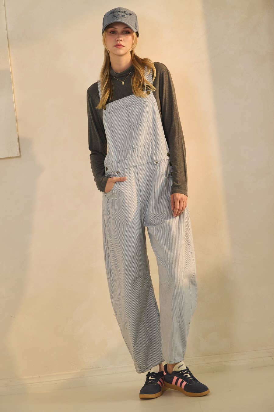 Pinstriped Barrel-leg Overalls, Plus