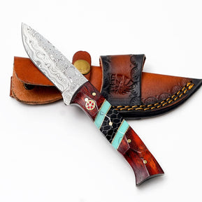 Custom Damascus Steel Drop Point Hunter | Rosewood, Turquoise & Black Honeycomb Handle | Scout Carry TK-489