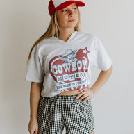 Cowboy Motel Raw Cut V-neck Graphic Tee
