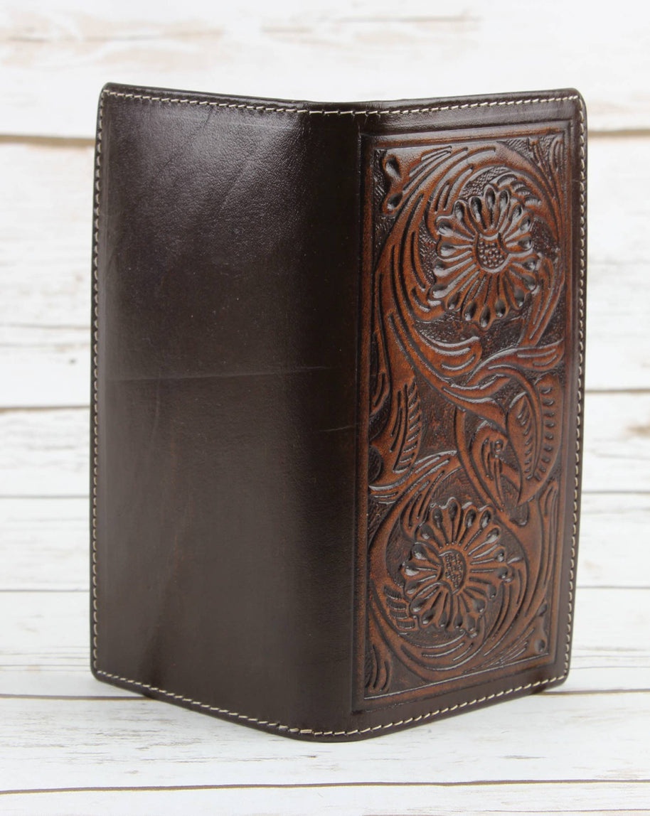 Tooled Leather Men's Long Wallet, Brown