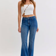 Mid-Rise Flare Jeans Pintuck Seam