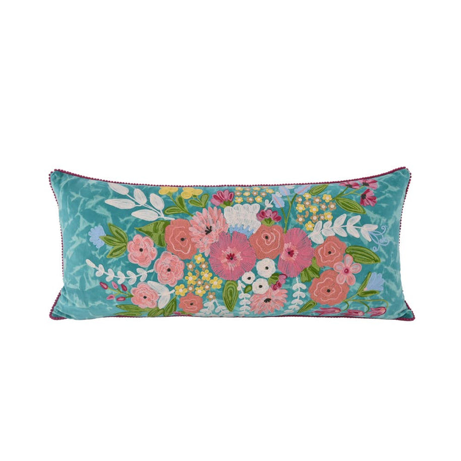 Floral Spring Turquoise Velvet Pillow 16X36"