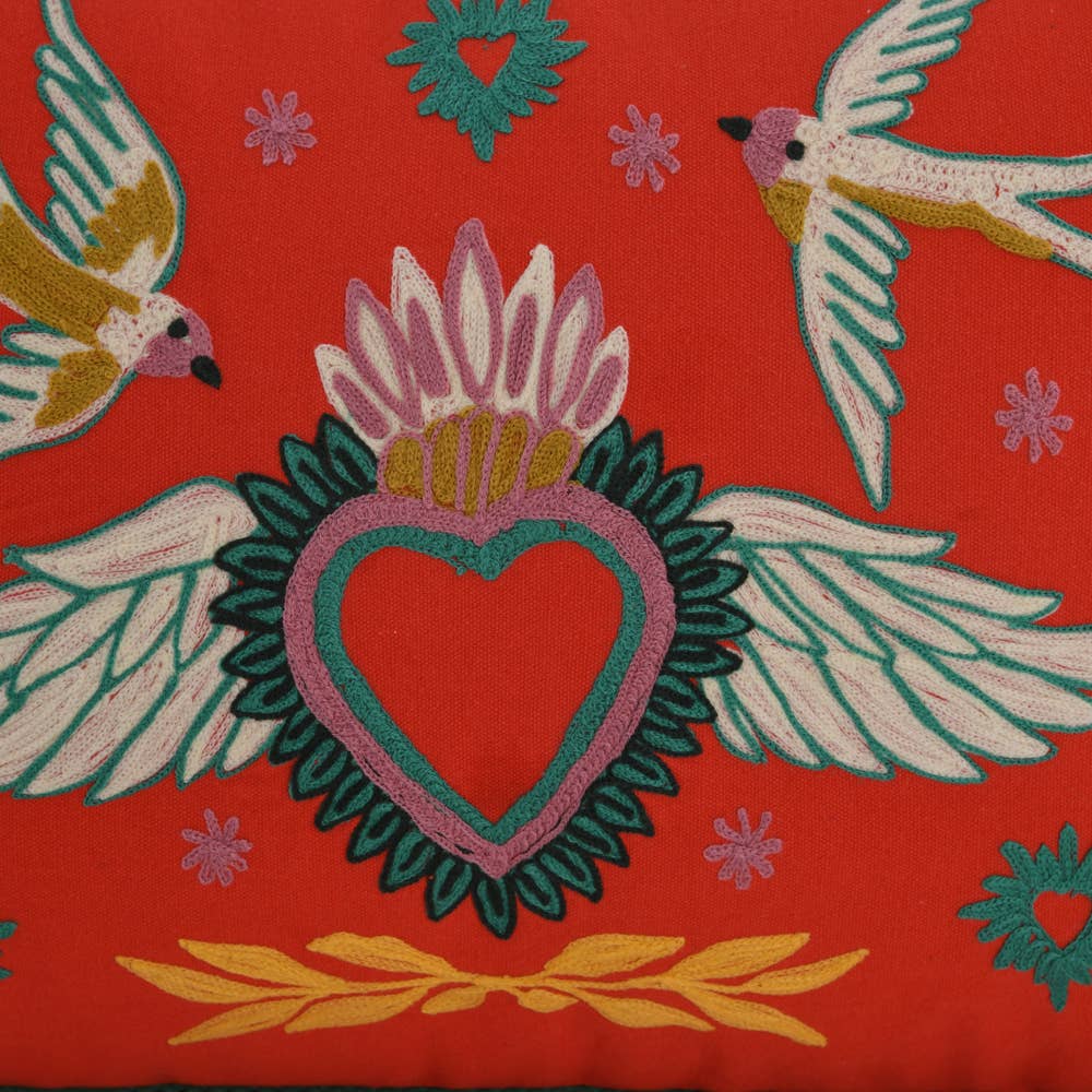 Embroidered Bird Red Pillow