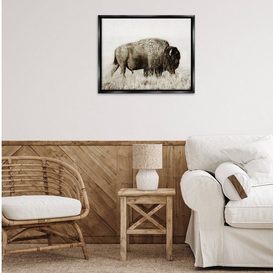 Bison Grazing in Field Floater Framed Art