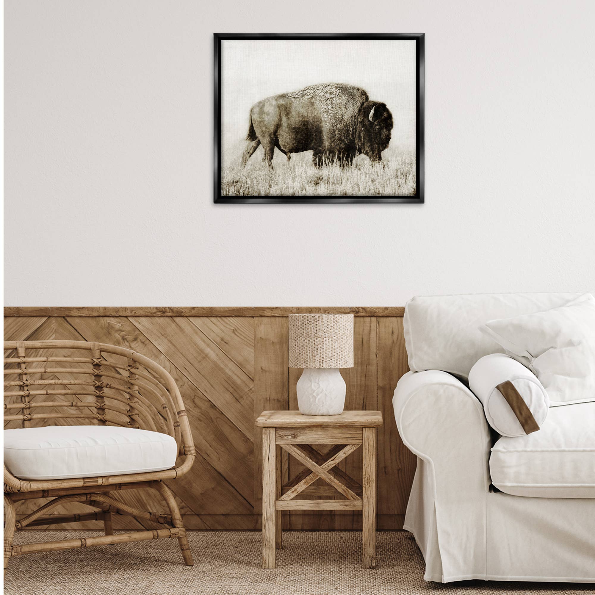 Bison Grazing in Field Floater Framed Art