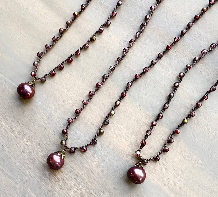 Antique Rose Freshwater Pearl Drop Crocheted Necklace