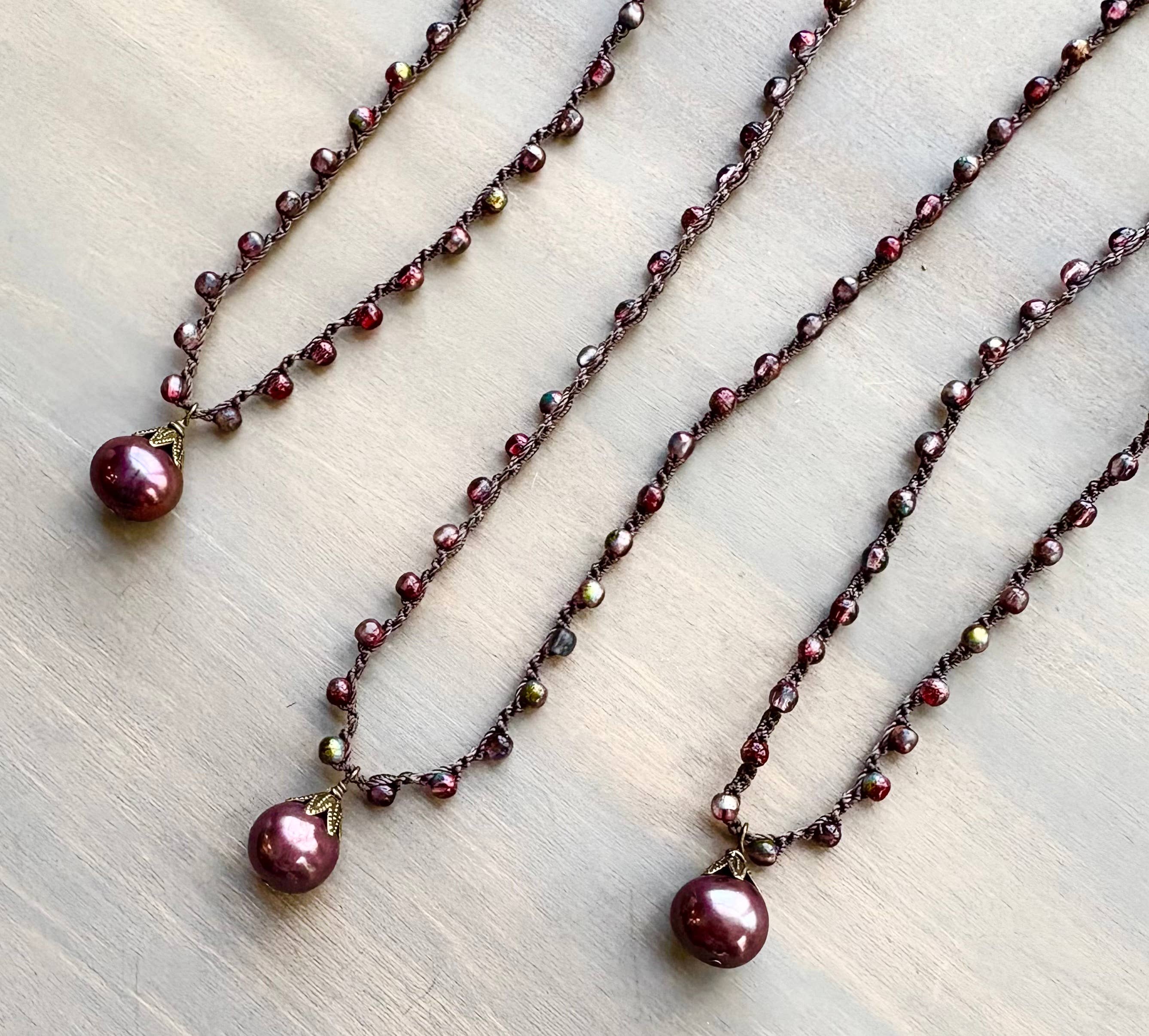 Antique Rose Freshwater Pearl Drop Crocheted Necklace