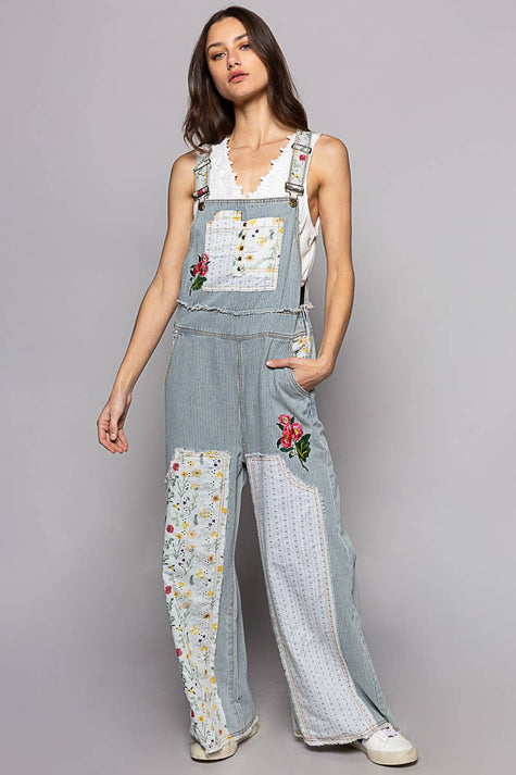 Pol Clothing Floral Patchwork Embroidery Overall