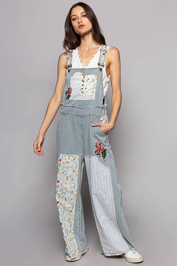 Floral patchwork embroidery overall