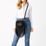 Suede Western Fringe Messenger Bag - White Stitch Design