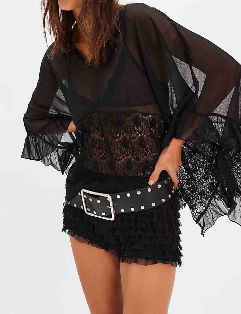 Lace Ruffle Batwing Blouse