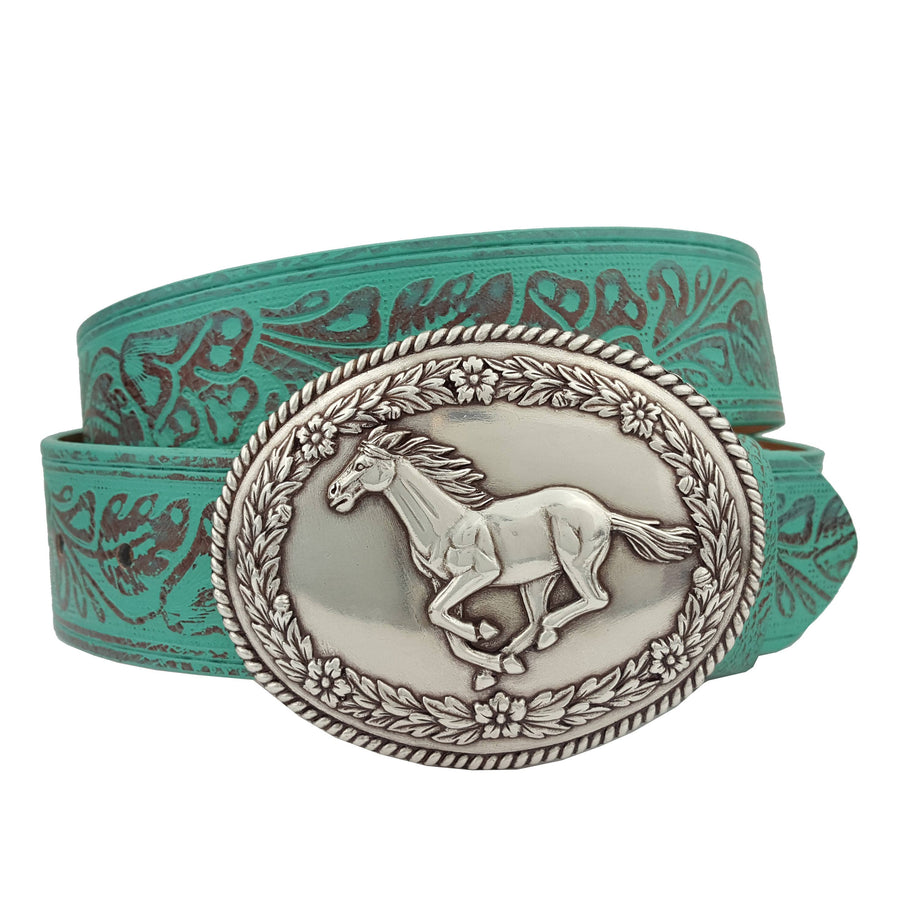 Silver Western Galloping Horse w. floral tooled belt