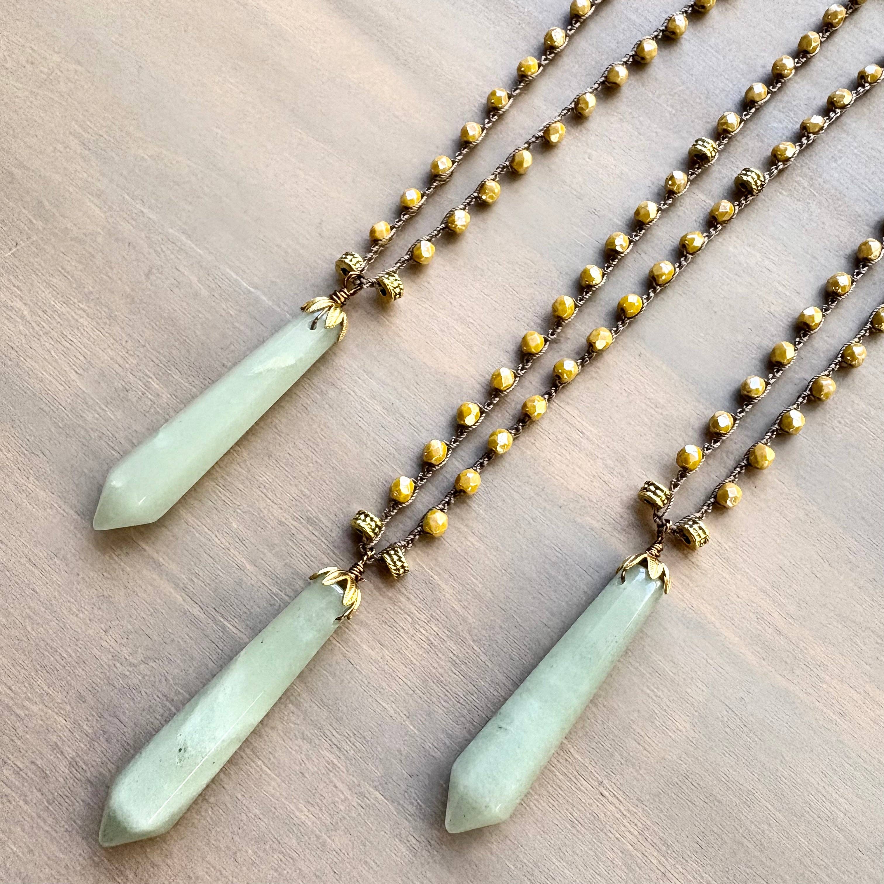 Marigold Czech Crystal Crocheted Necklace with Aventurine Stone Point Pendant