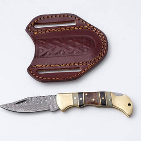Brass & Bone Damascus Folding Knife with Leather Sheath