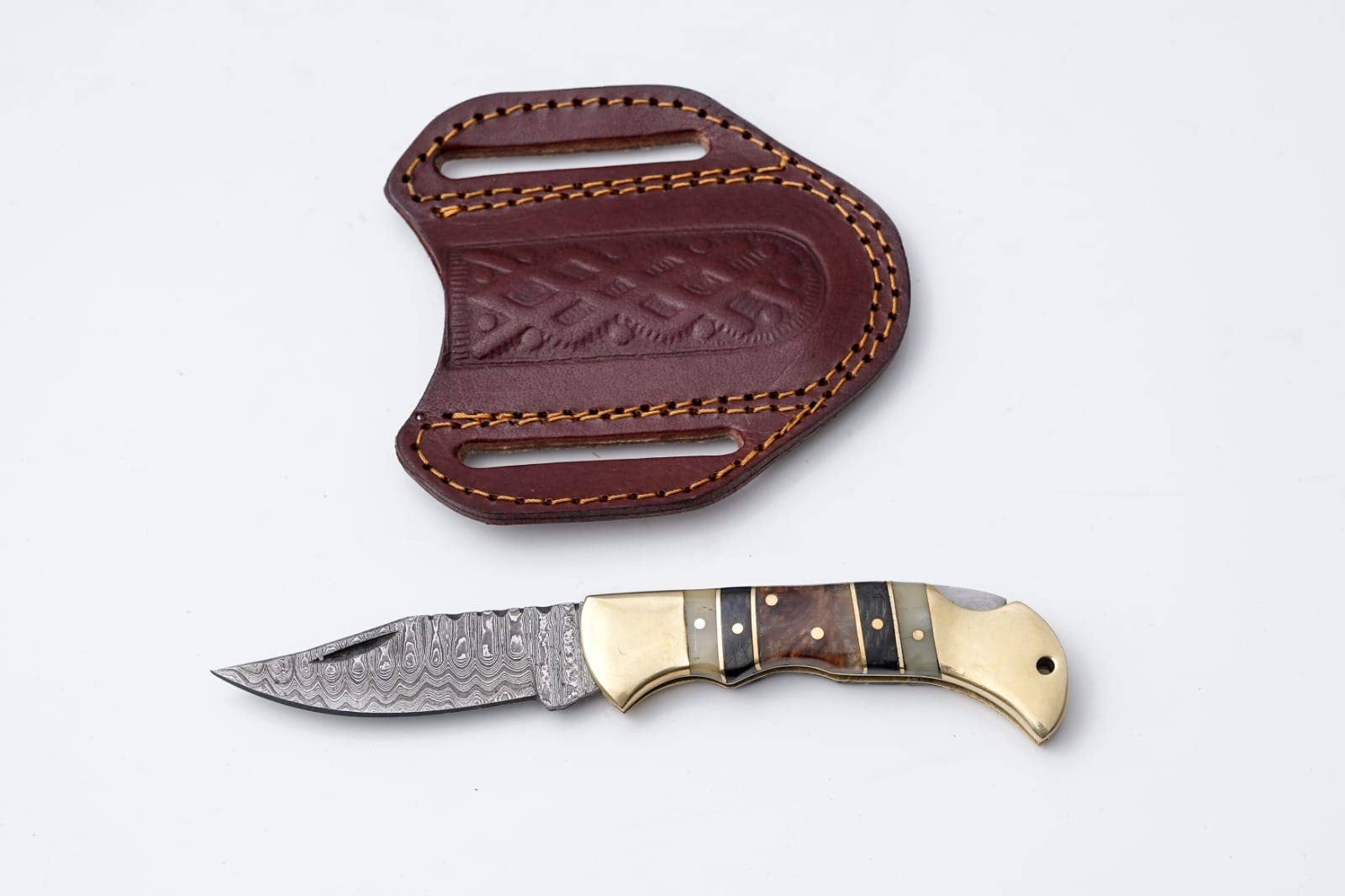 Brass & Bone Damascus Folding Knife with Leather Sheath