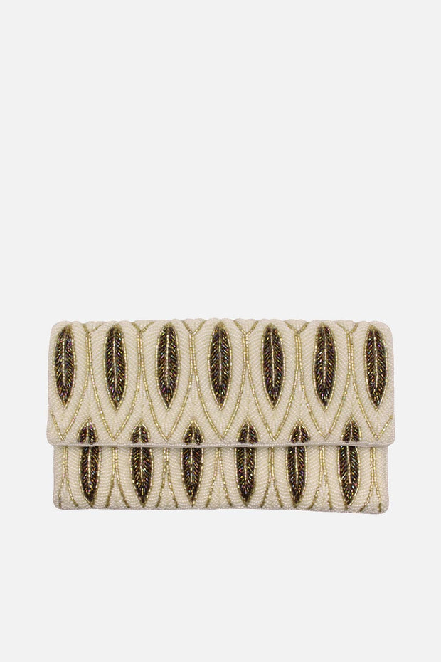Gold Feather Leaves Beaded Clutch