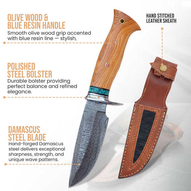 10" Damascus Knife with Turquoise Inlay, Handmade