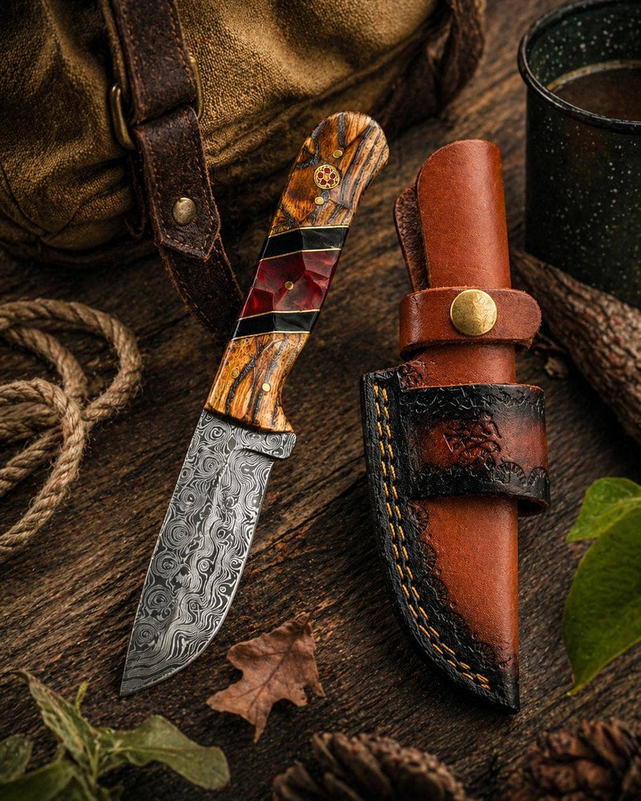Damascus Drop Point Knife | Bocote Wood & Ruby Red Resin Handle