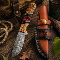 Damascus Drop Point Knife | Bocote Wood & Ruby Red Resin Handle