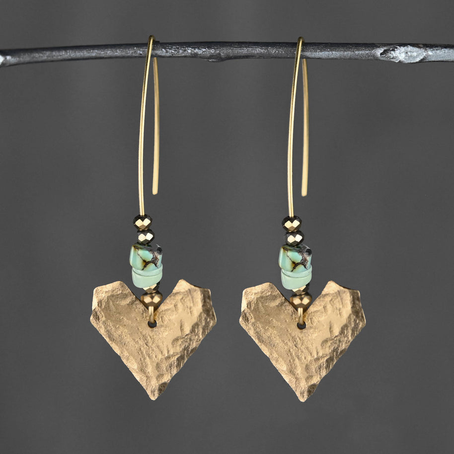 Hammered Brass Heart & Turquoise Jasper Earrings