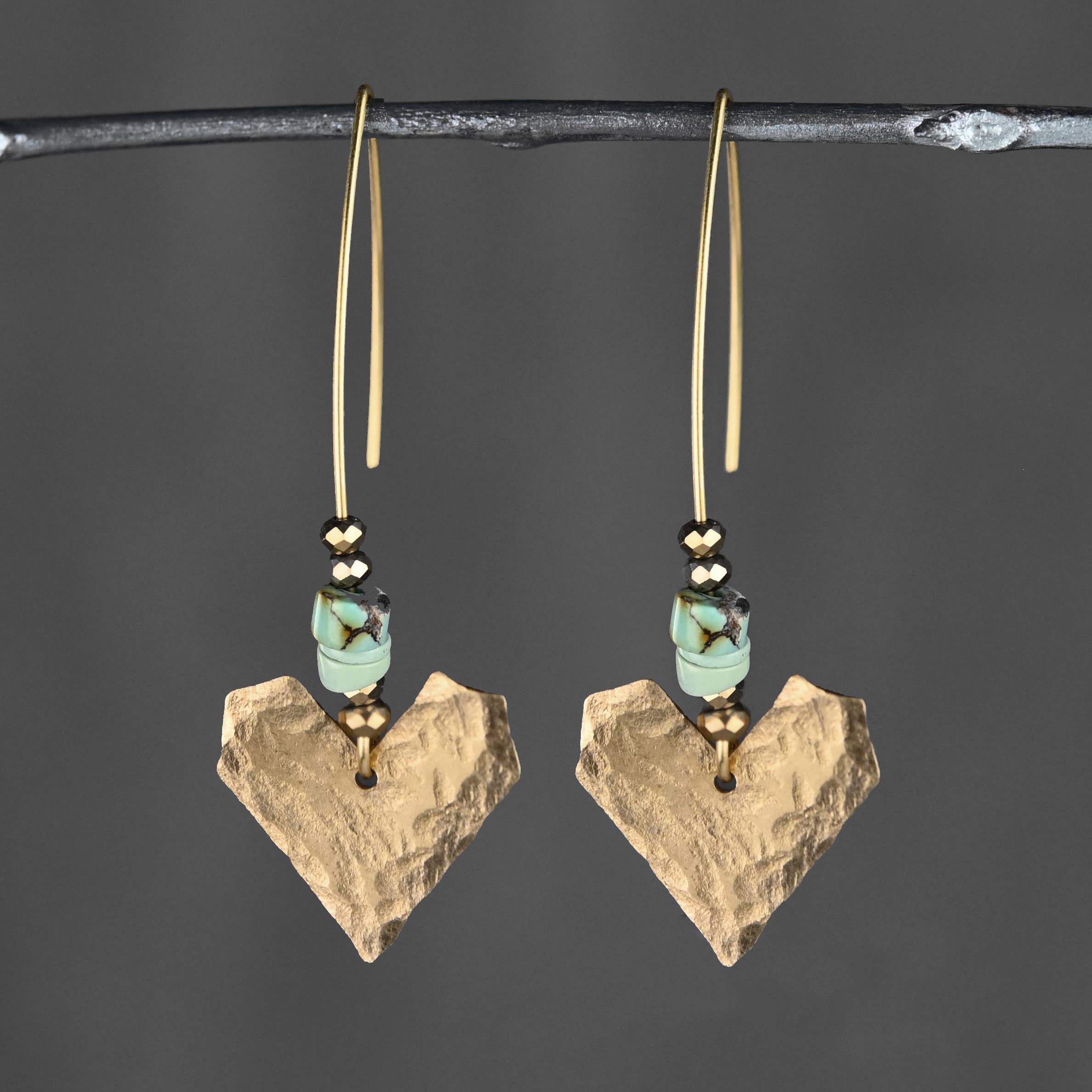 Hammered Brass Heart & Turquoise Jasper Earrings