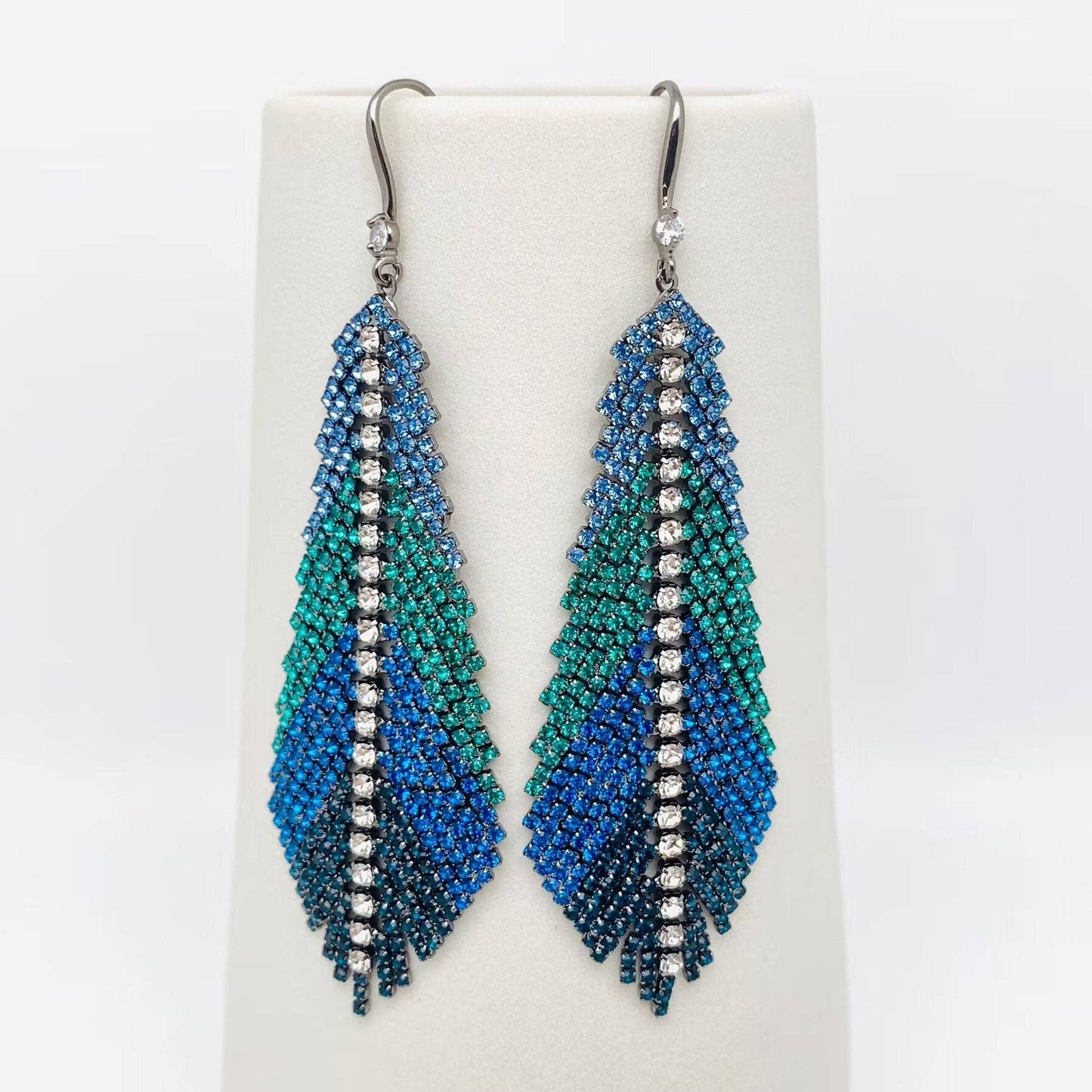 Feather Shape Colored Rhinestone Tassel Dangle Earrings