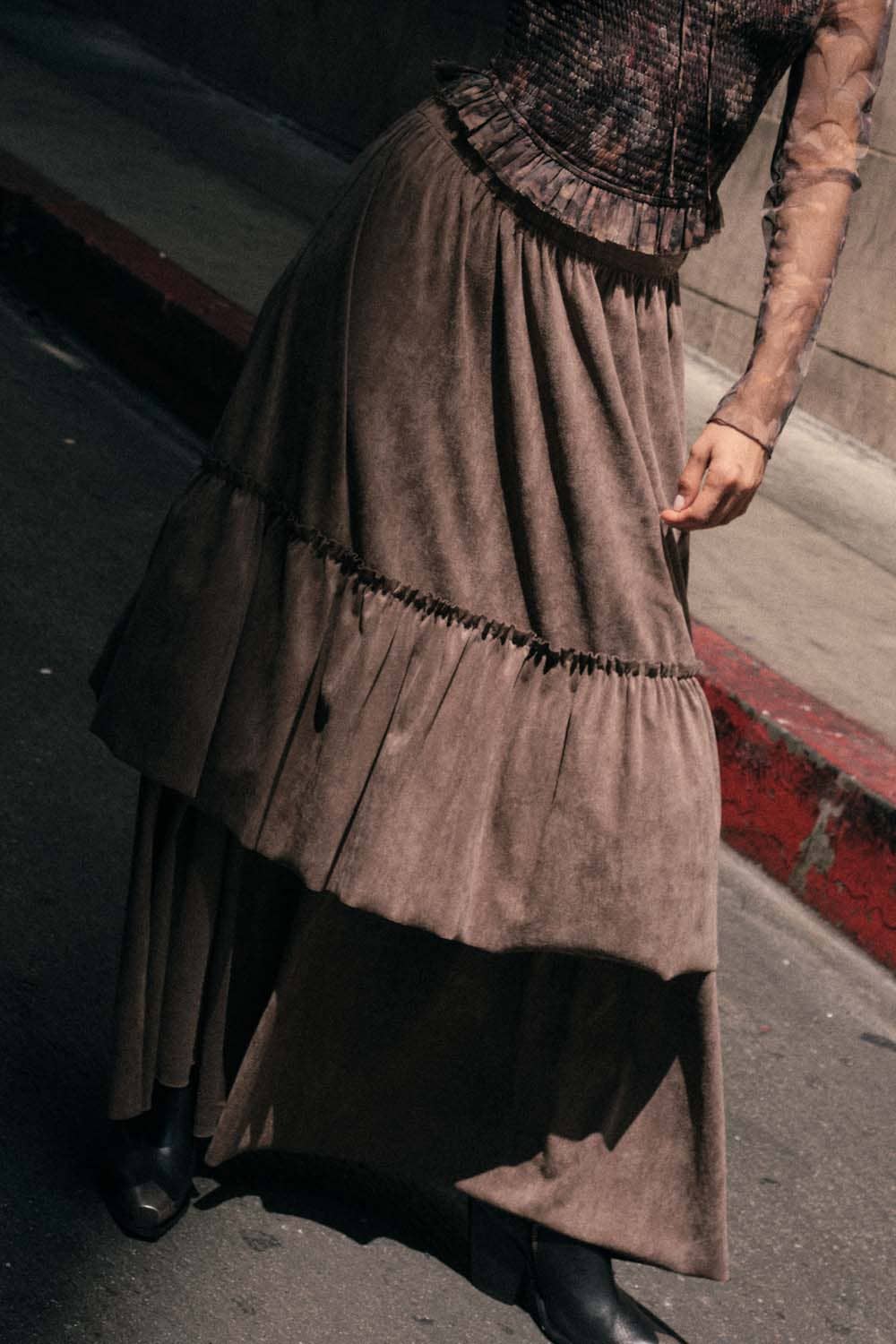 Faux Suede Tiered Maxi Skirt