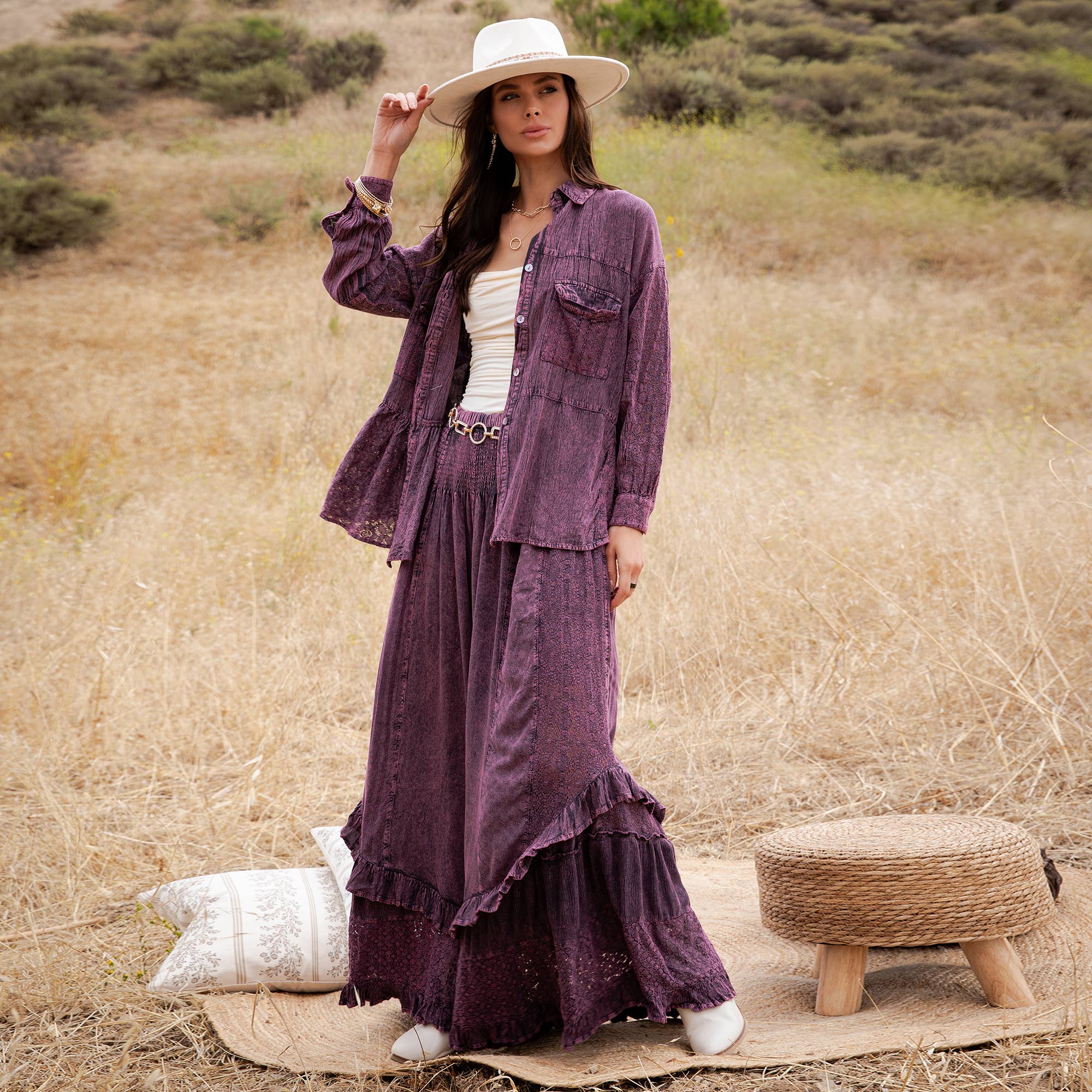 Mineral Wash Lace Tiered Ruffle Pants