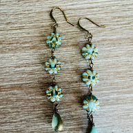Aqua and Gold French Flower Drop Earrings