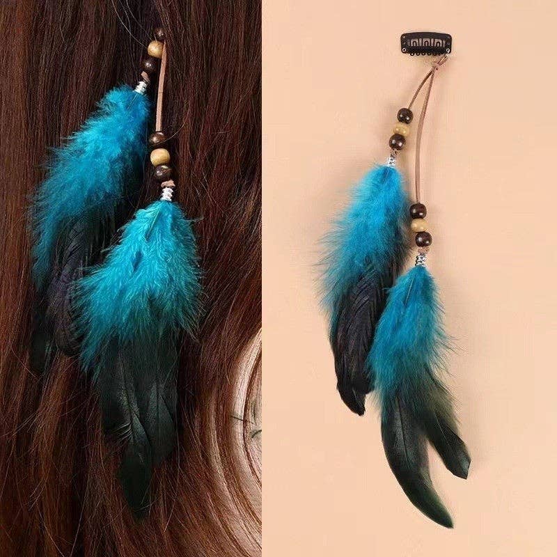 Long Beaded Feather Tassel Hair Clip