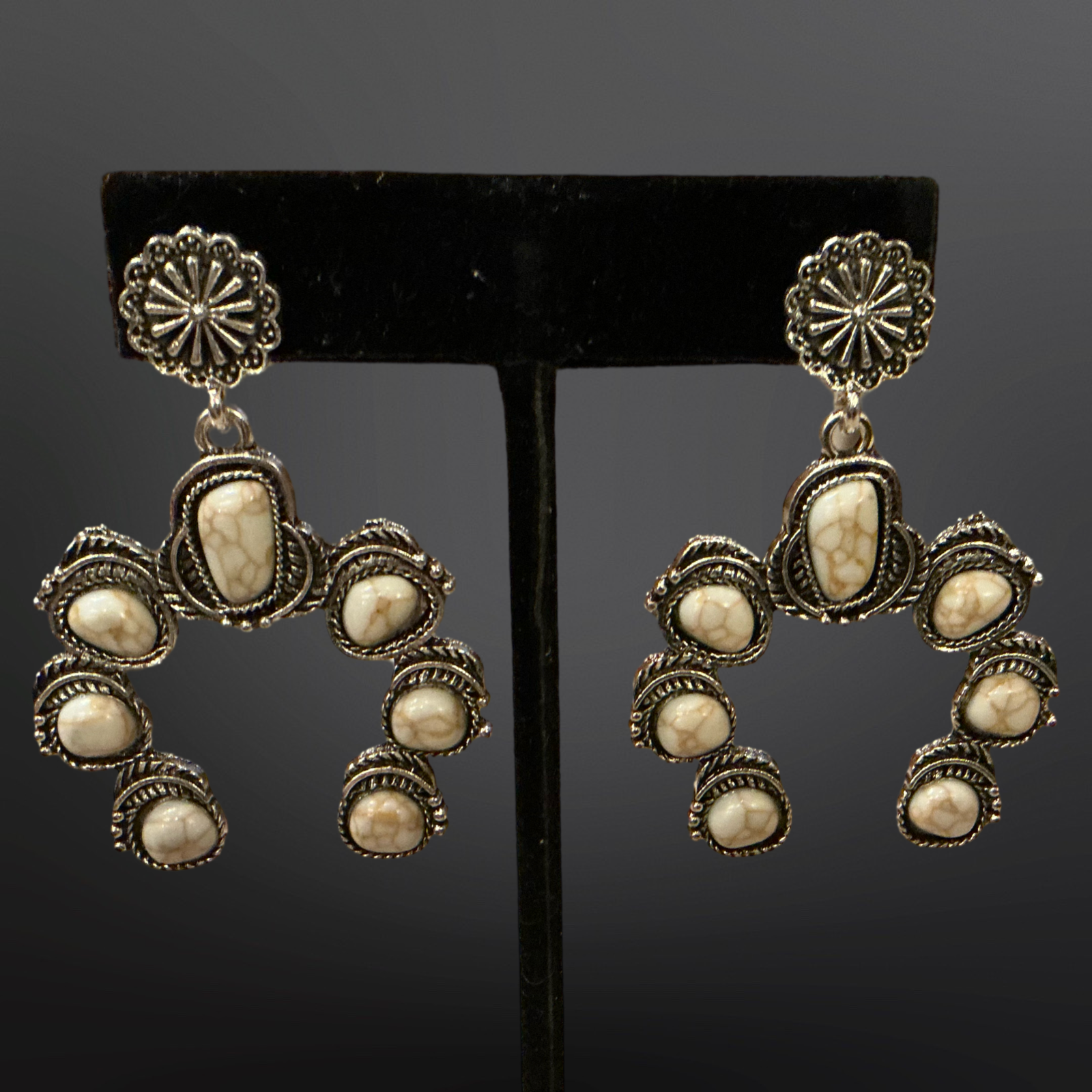 Faux Turquoise Naja Squash Blossom Earrings