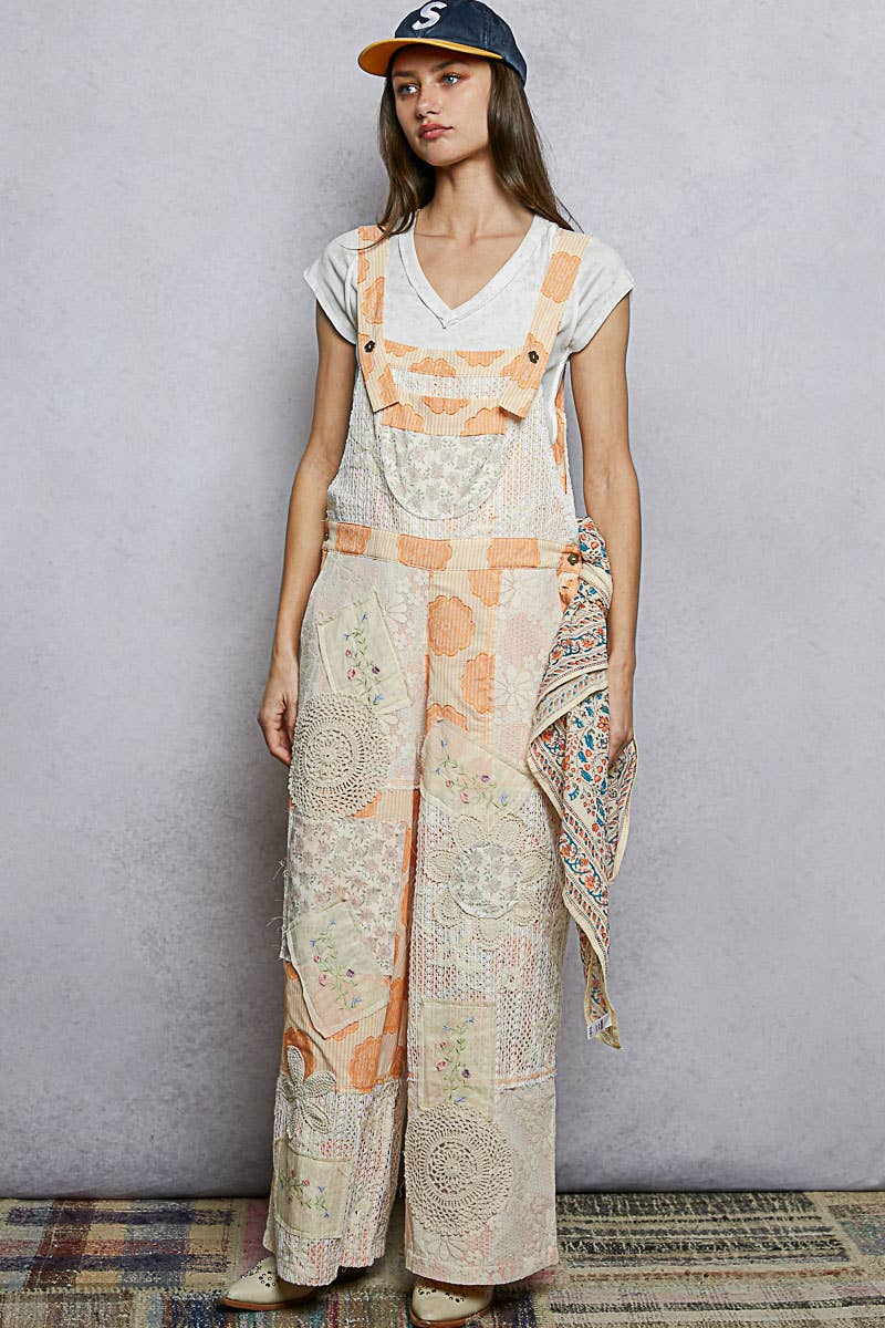 Floral Patchwork Woven Overalls