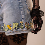 High Rise Cuffed Embroidered Denim Shorts