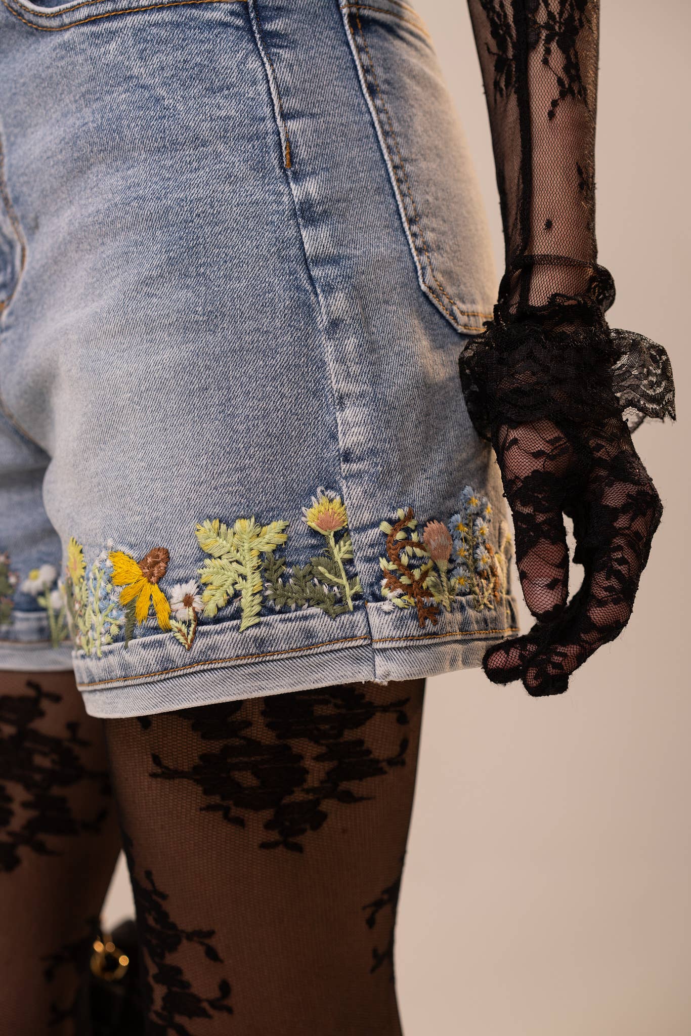 High Rise Cuffed Embroidered Denim Shorts