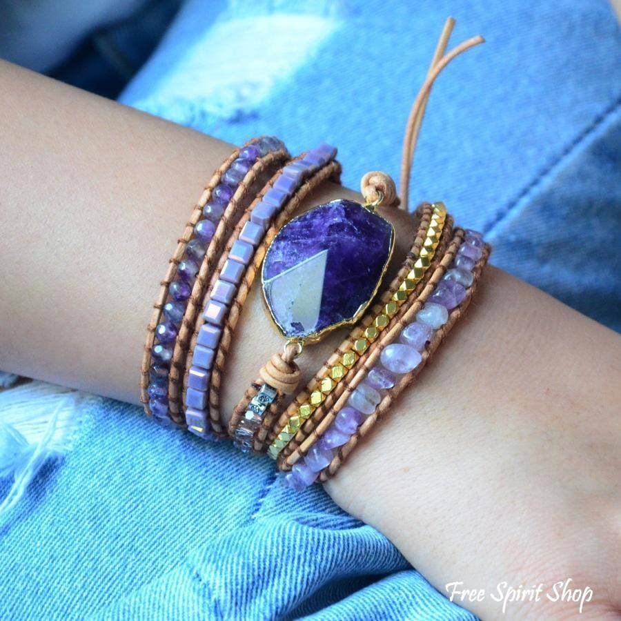 Amethyst Gemstone Leather Wrap Bracelet, Boho Beaded Strap