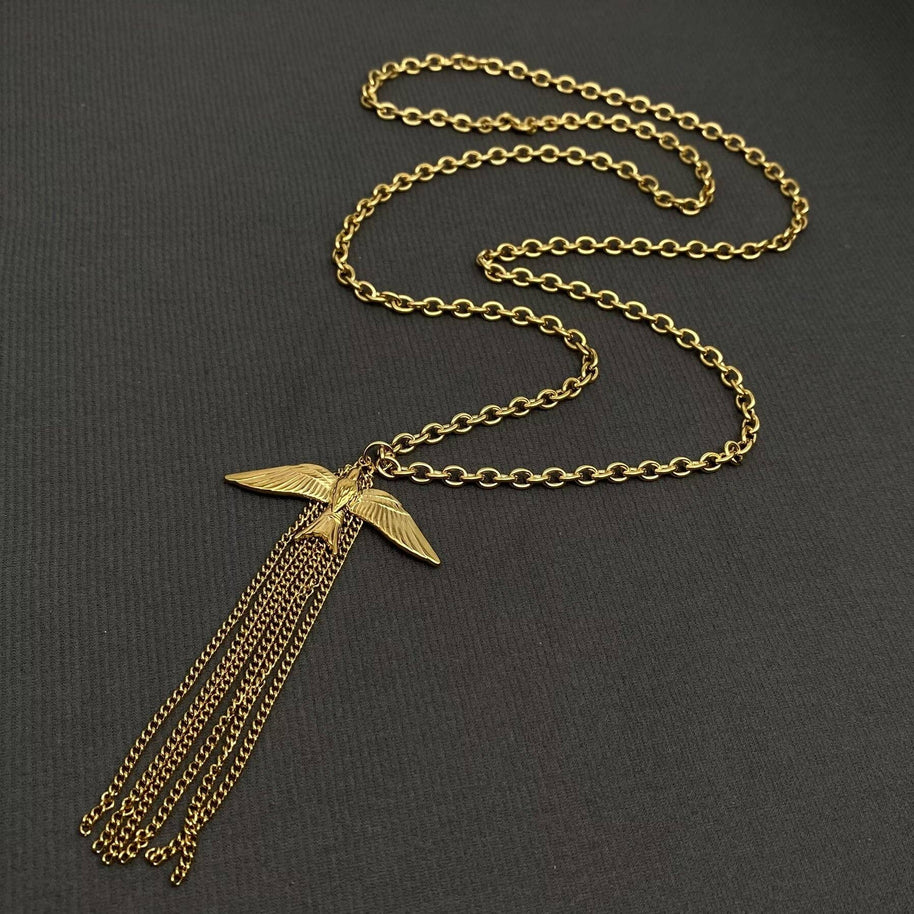 Bird Fringe 18K GP S Steel Long Chain Necklace