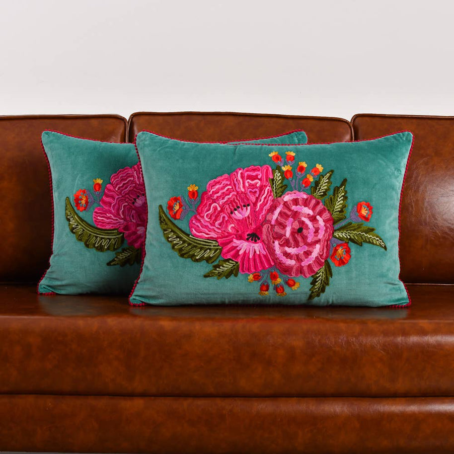 Green Velvet Floral Pillow