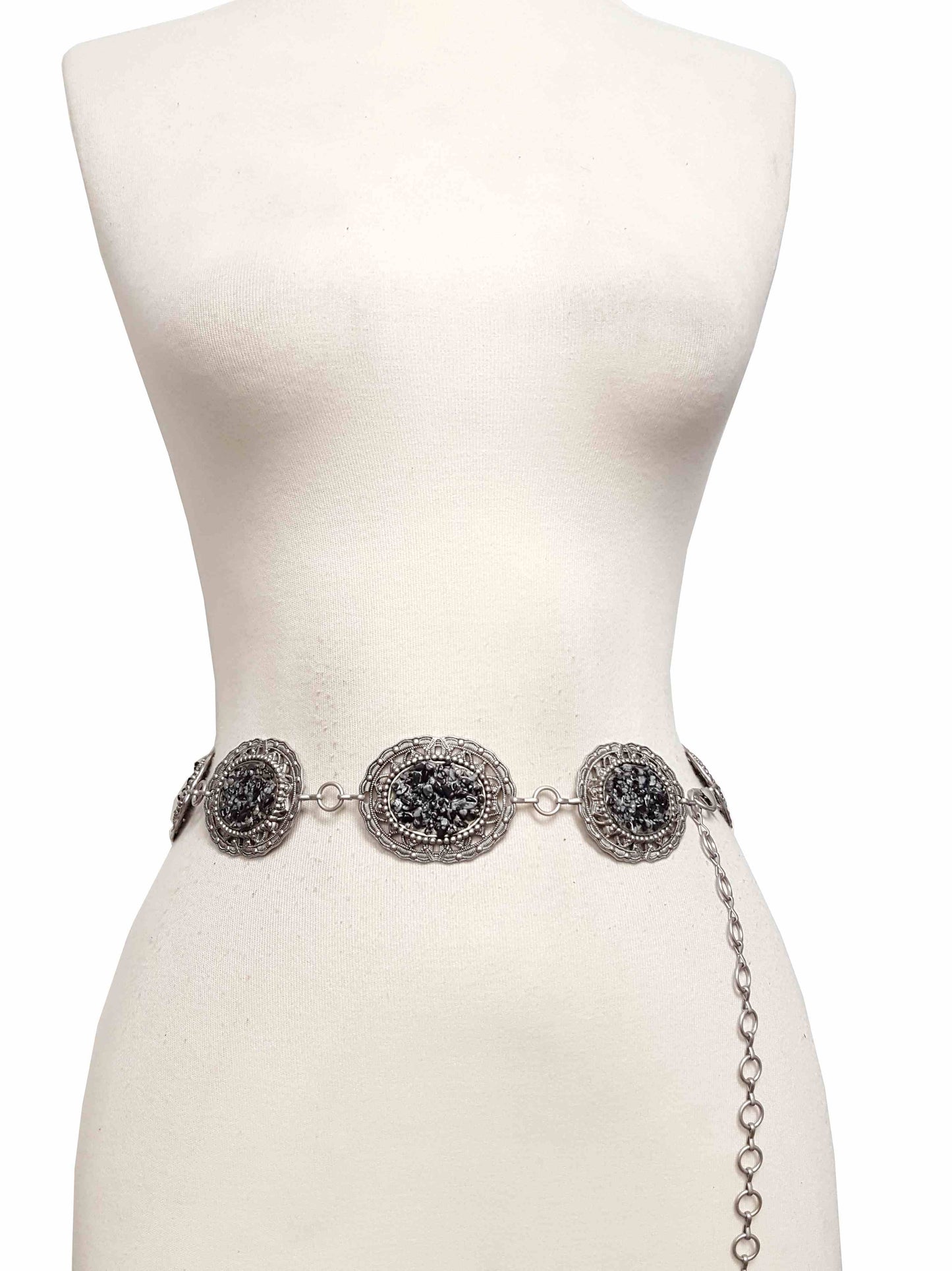 Western Style concho Silver Chain belt with chip stones