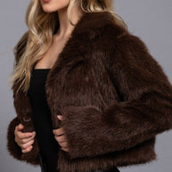 Long Sleeve Notched Collar Faux Fur Cropped Jacket