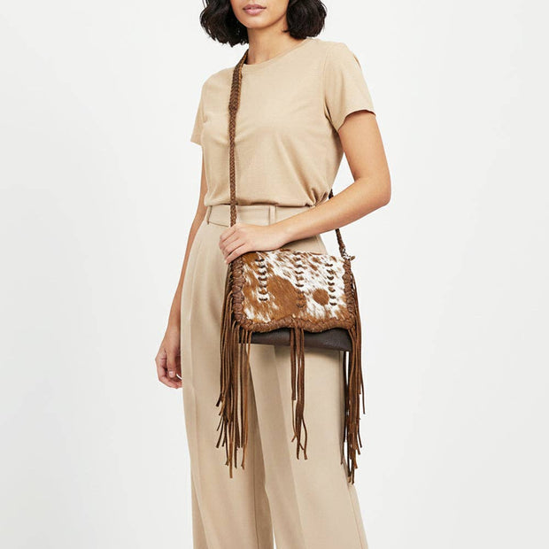 Hair-On Cowhide Crossbody Clutch Bag with Fringe