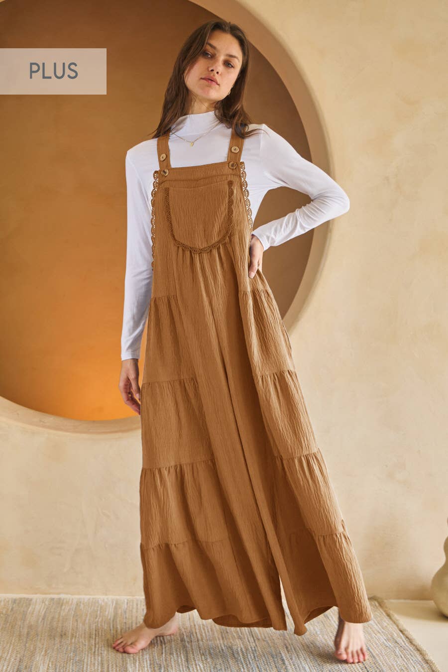 Tired Wide Leg Overalls, Plus, Camel