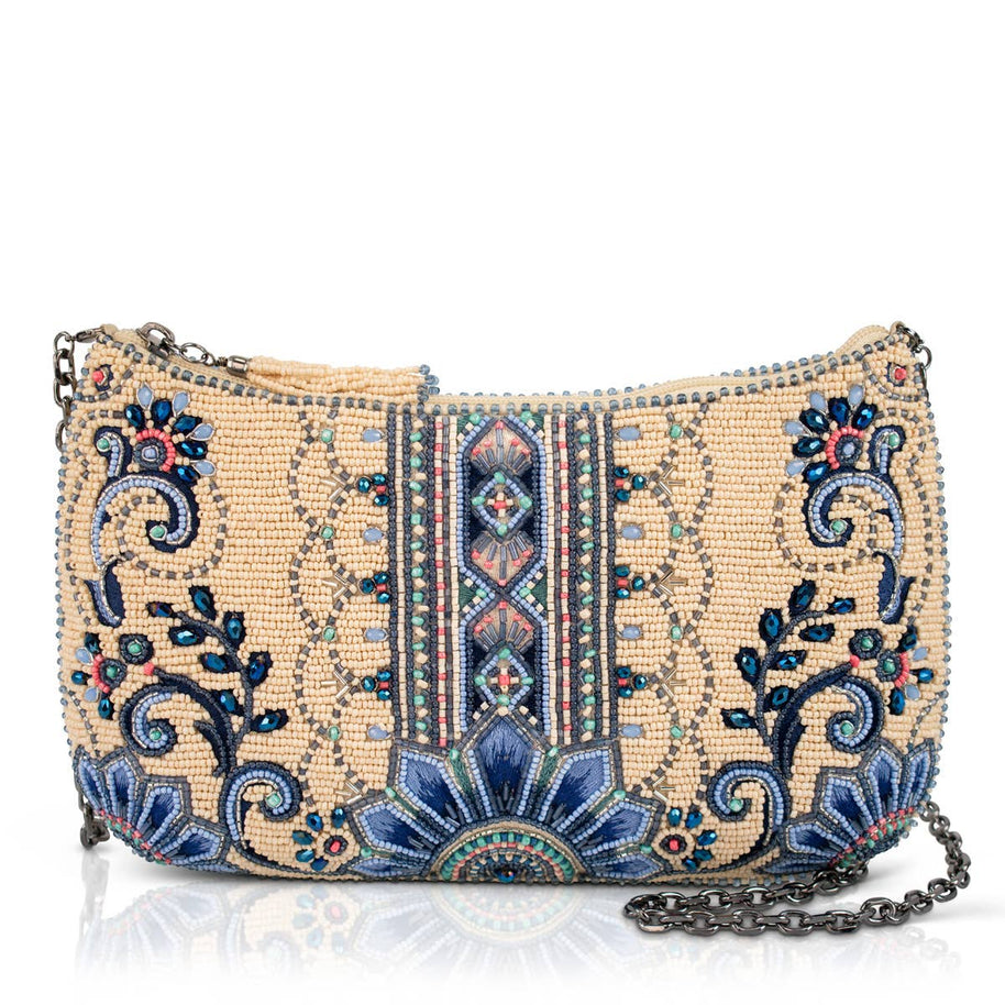 Mediterranean Mood Blue & Cream Floral Beaded Crossbody Bag