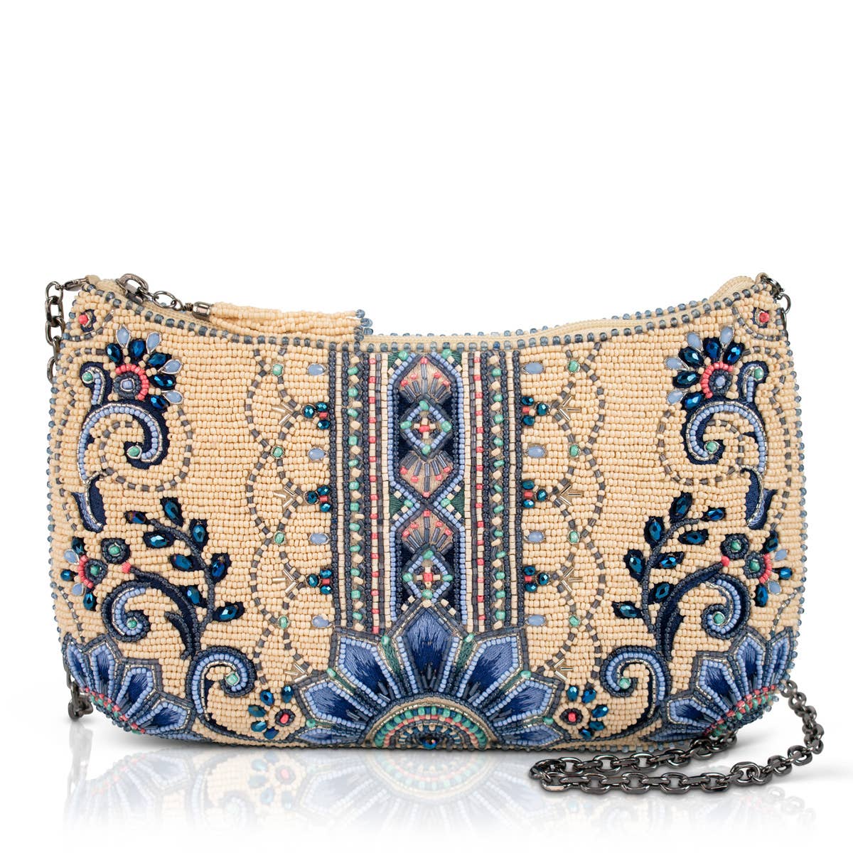 Mediterranean Mood Blue & Cream Floral Beaded Crossbody Bag
