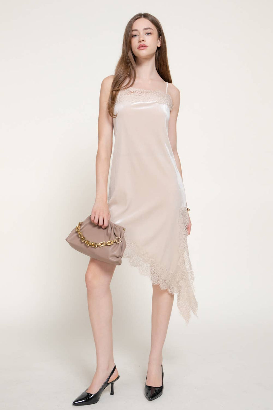 Straight Neck Lace Trim Asymmetrical Velvet Mini Dress