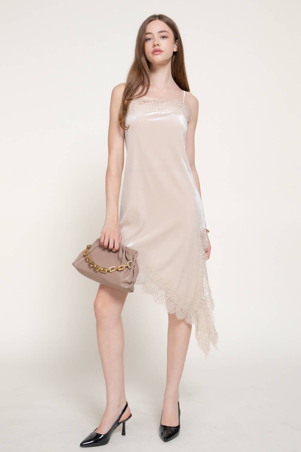 Straight Neck Lace Trim Asymmetrical Velvet Mini Dress