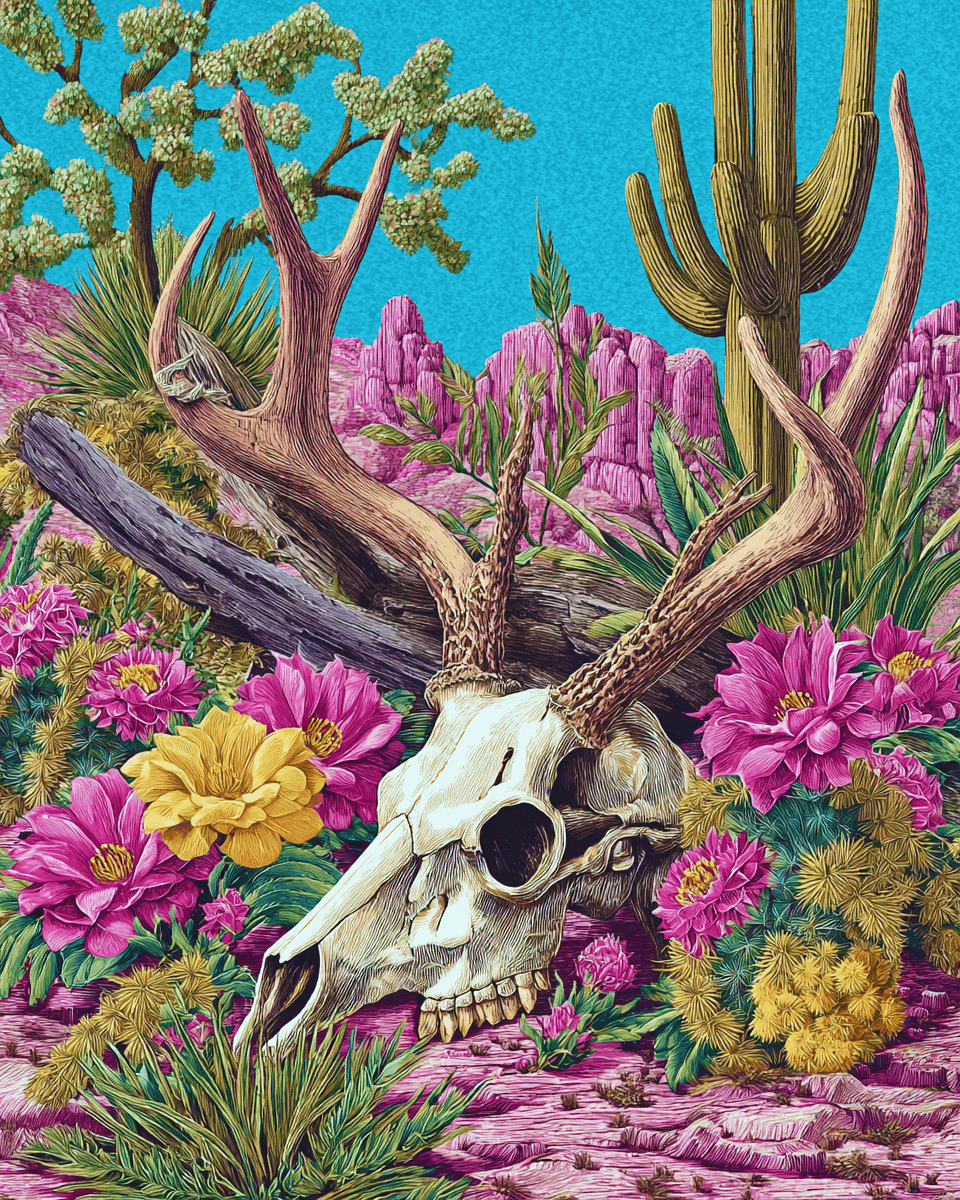 Elk Skull in Blooming Desert ARt Print