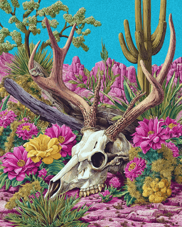 Elk Skull in Blooming Desert ARt Print