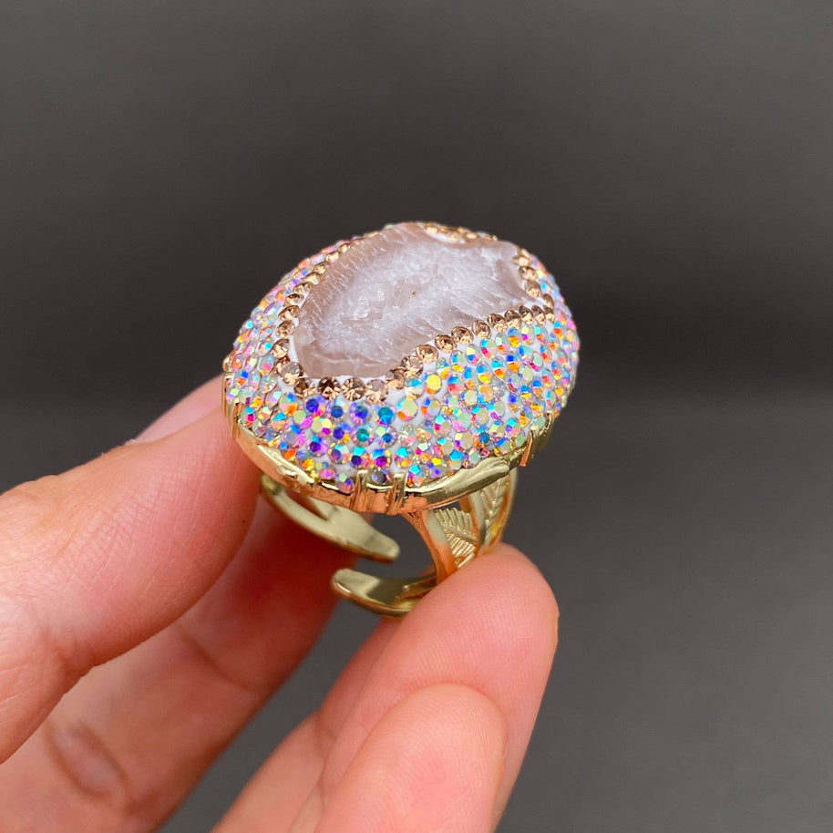 Rhinestone Inlaid Irregular Agate Ring