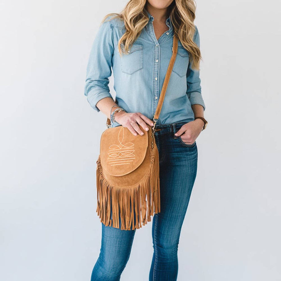 Suede Western Fringe Messenger Bag - White Stitch Design